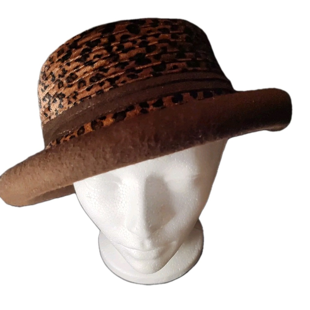 Womens Vintage Wool Hat Brown Leopard Print Granny Core Sunday Classic